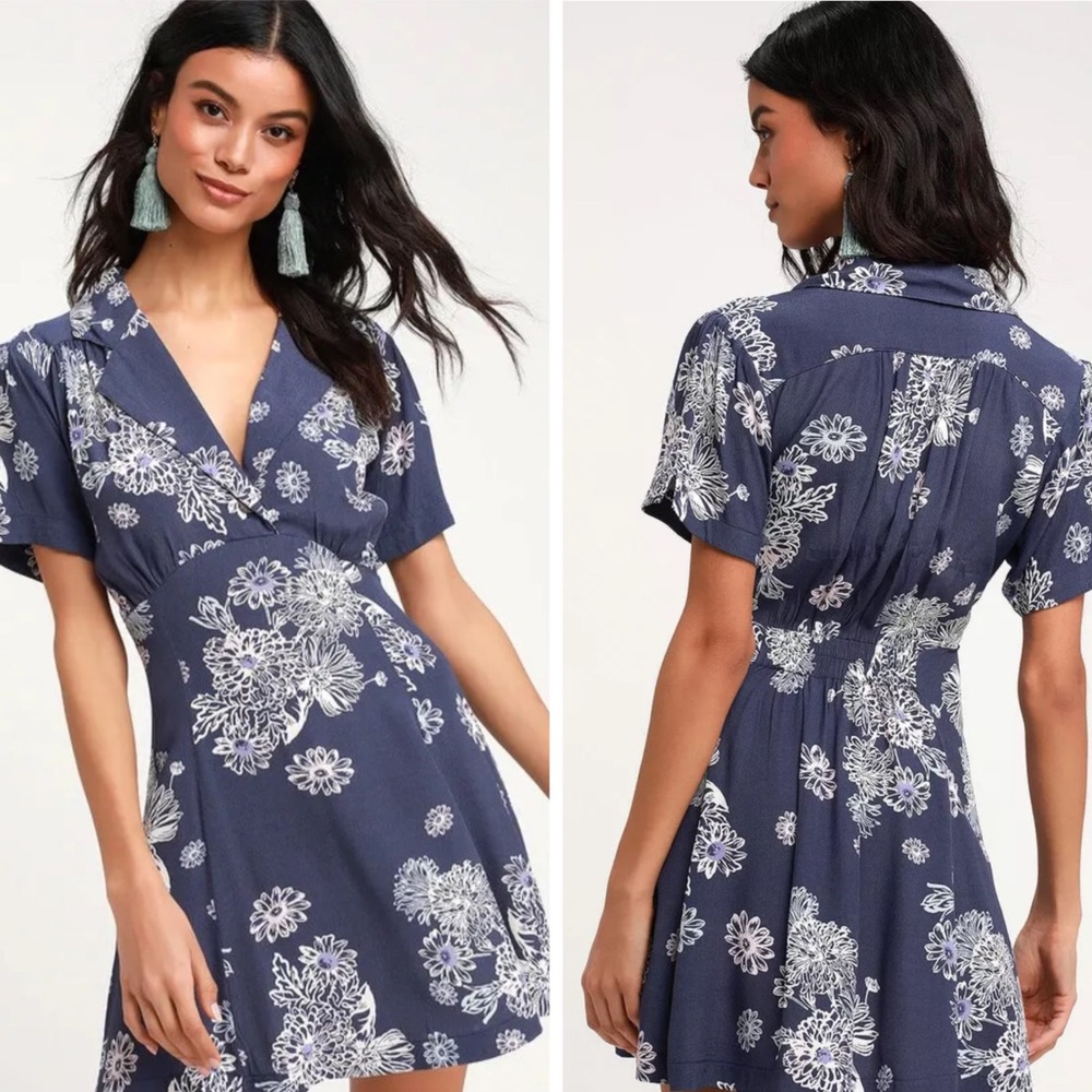 Free People Hawaii Washed Blue Floral Print Short Sleeve Mini Dress NWT NEW S